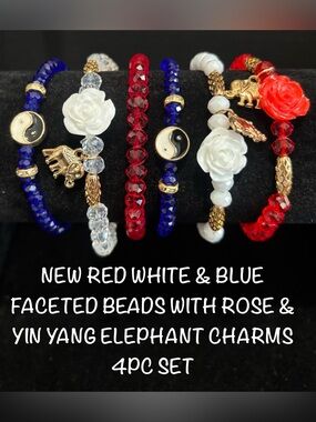 New Red White & Blue Faceted Bead Bracelet Set with Rose and Elephant Charms
